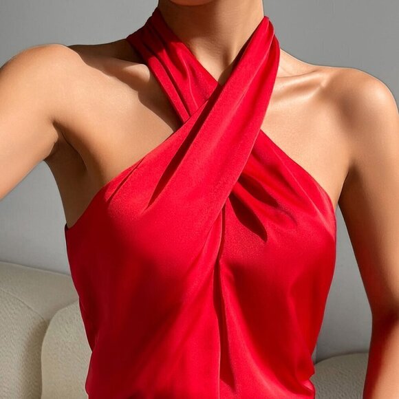 Red Casual Women's Solid Cross Front Backless Halter Top - Picture 2 of 6